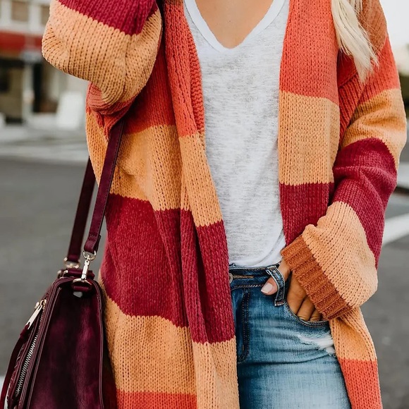 Autumn Colorblock boho Stripes Knit Open Front Cardigan Casual stripes - Picture 9 of 13